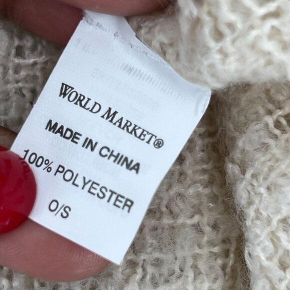 World Market OS Boucle Turtleneck Poncho Beige Sage Green Plaid Fringe Sweater - Picture 7 of 9